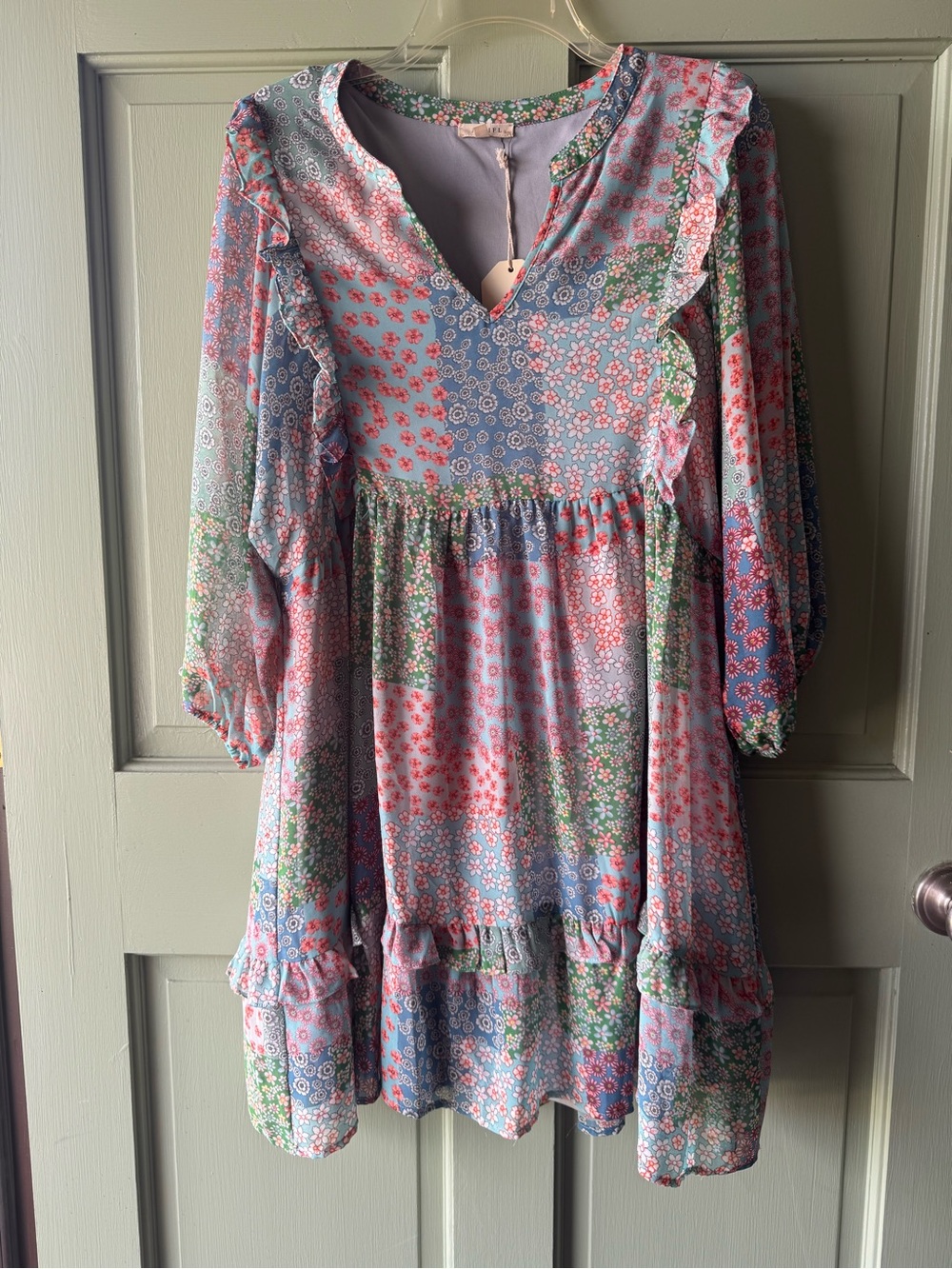 JODIFL Patchwork Floral Ruffle Dress - Pink & Blue & Green
